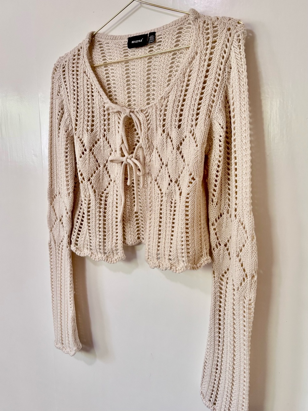 RD Style| Cream Open-Knit Tie-Front Cropped Cotton Blend Crochet Cardigan Sz XS - Picture 2 of 7